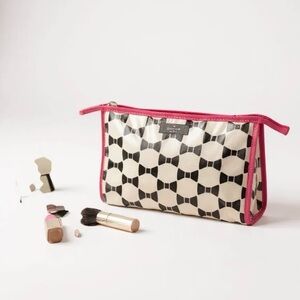 KATE SPADE Colin Makeup Bag Plastic Coating Hot Pink Black Bows White Zip